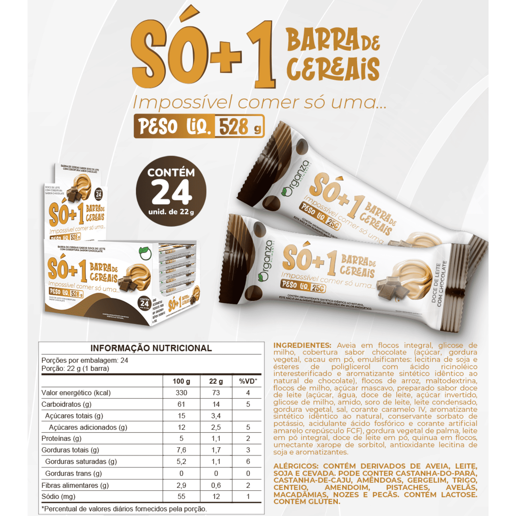 SÓ+1 Barrinha de Cereais Doce de Leite com Chocolate – Display 24 Unidades