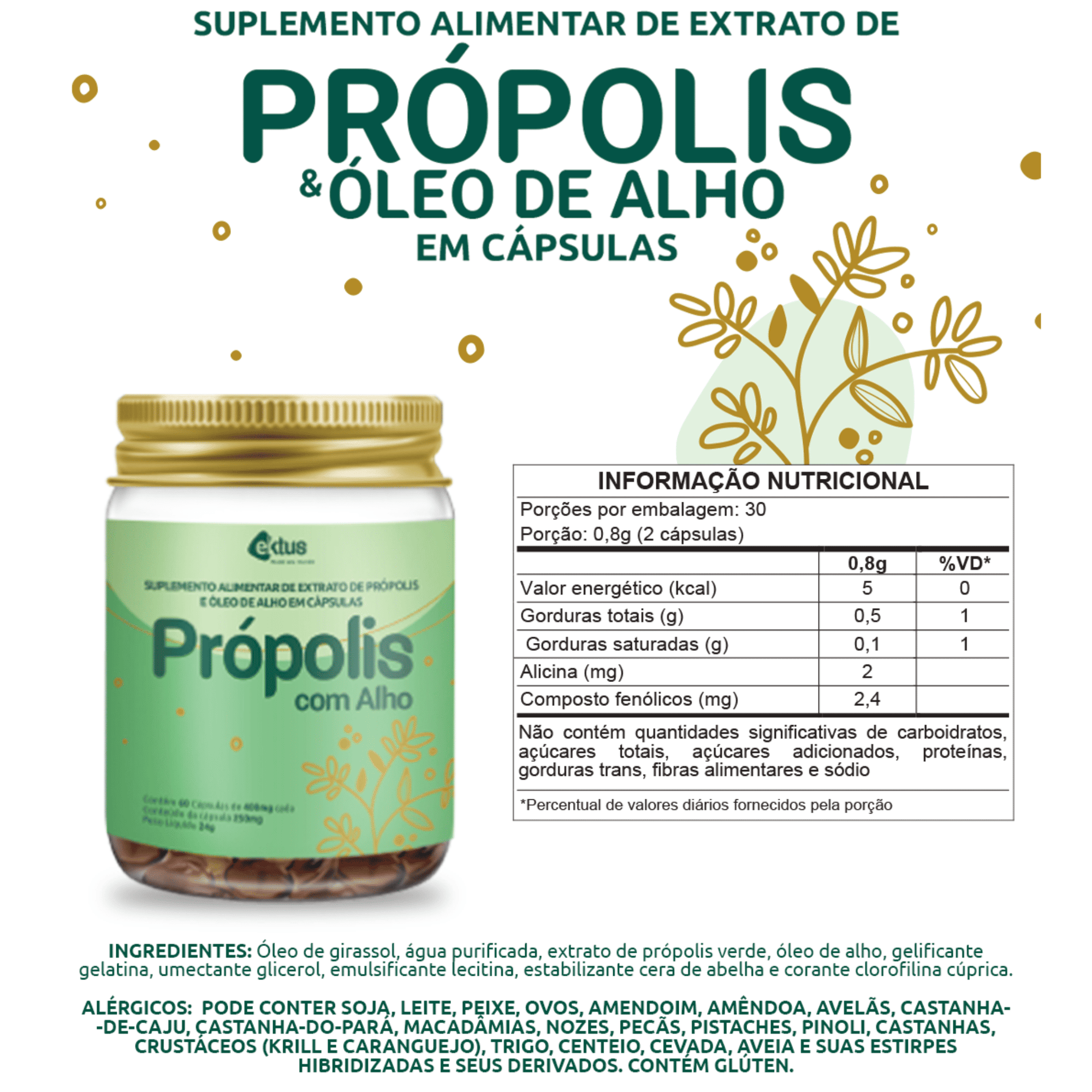 Própolis com Alho Ektus 60 Cápsulas 400mg – Imunidade com Ingredientes Naturais