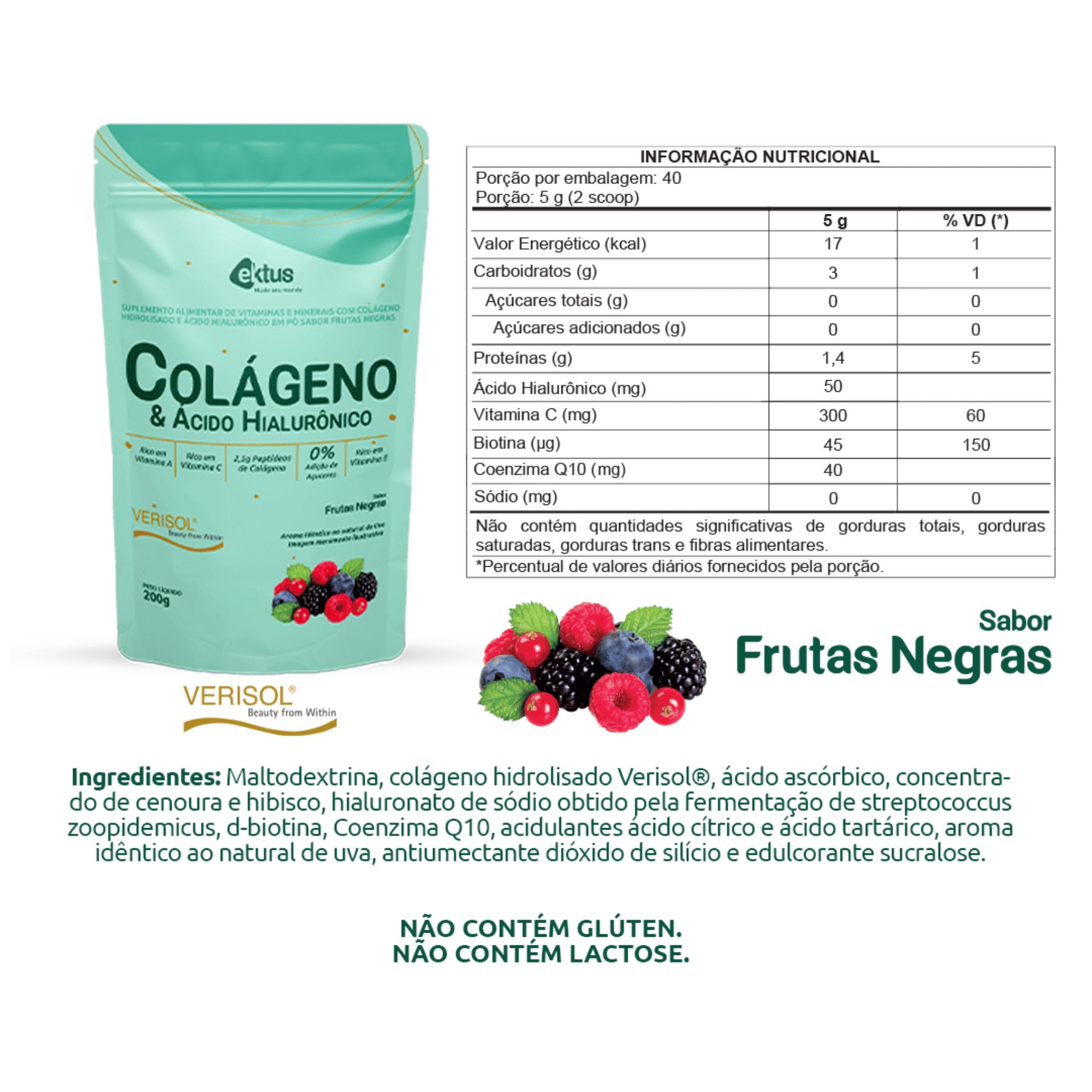 Colágeno Verisol + Ácido Hialurônico – Frutas Vermelhas Ektus - 200g
