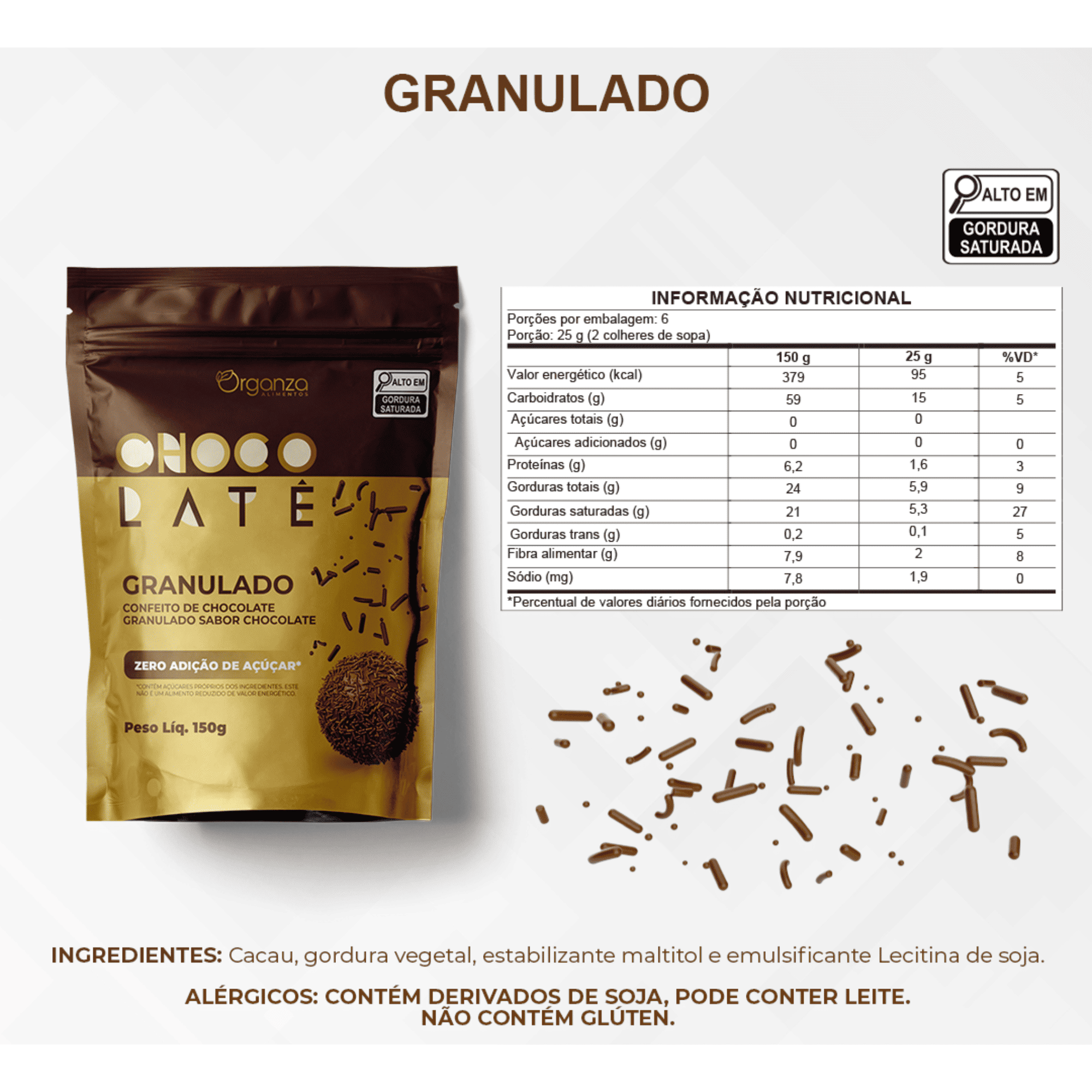 Granulado de Chocolate Zero Açúcar Chocolatê 150g – Sem Adição de Açúcar