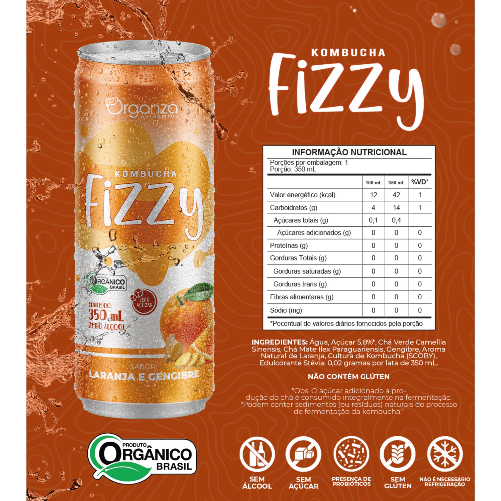Kombucha Laranja e Gengibre Fizzy 350ml – Bebida Viva com Gengibre Natural