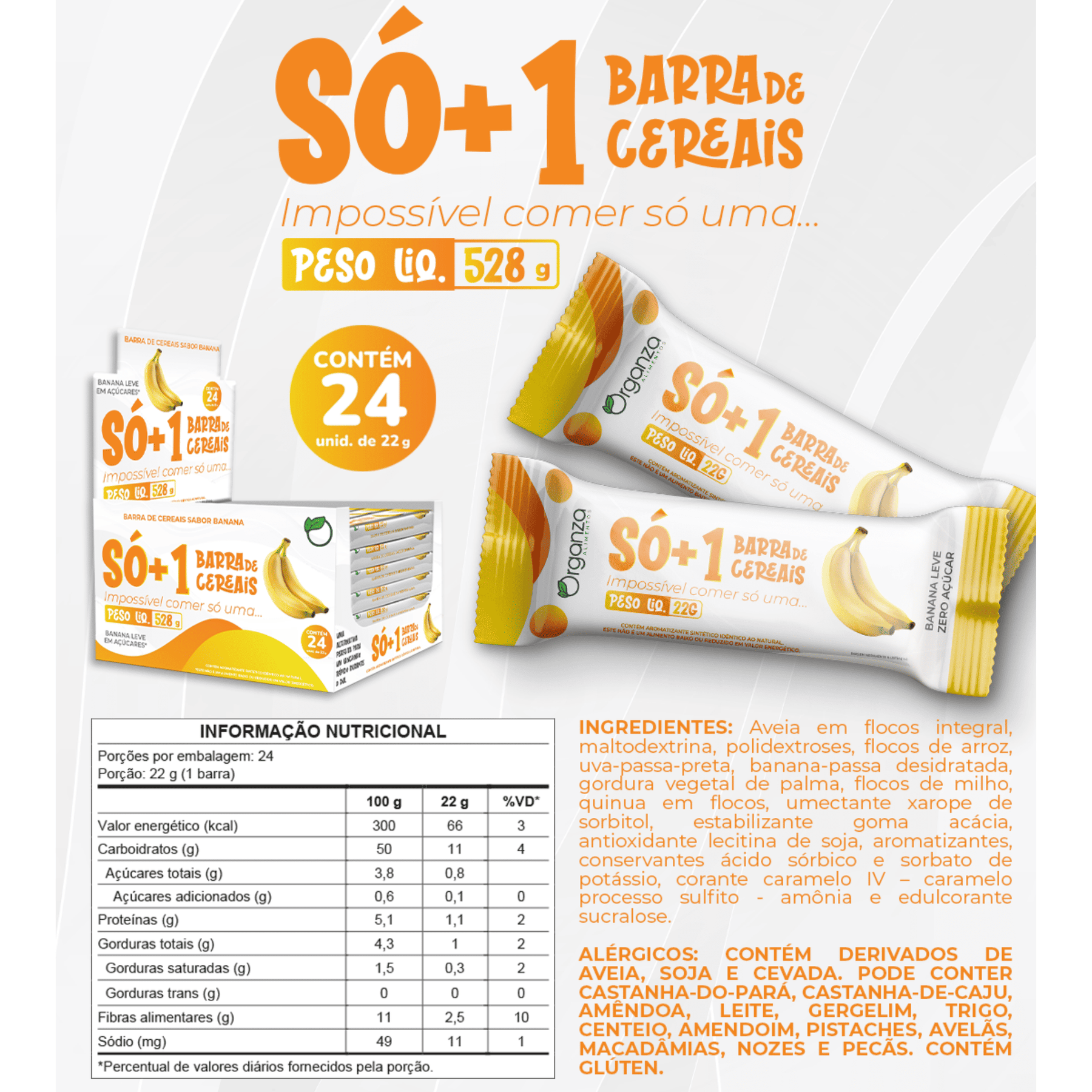 SÓ+1 Barrinha de Cereais Banana – Leve em Açúcares – Display 24 Unidades