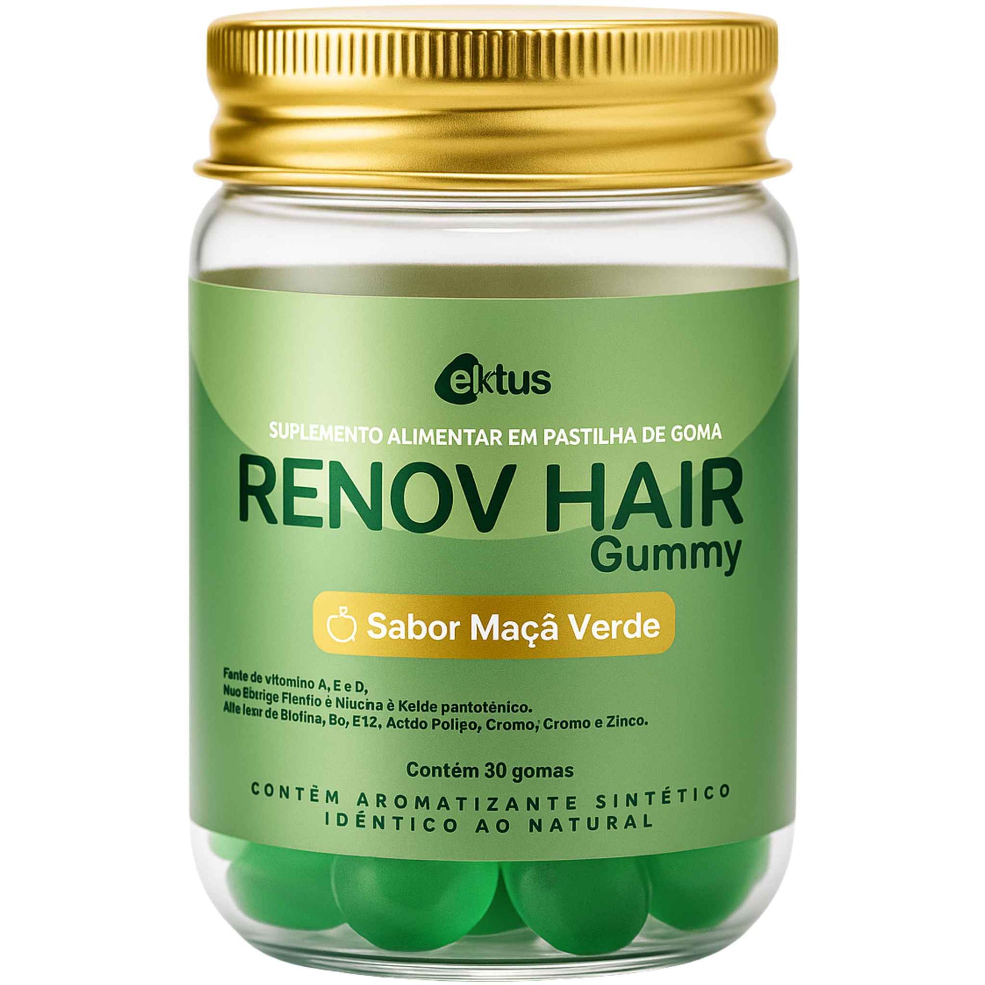Renov Hair Gummy Ektus – 60 gomas Sabor Maçã Verde – Biotina, Selênio & Cromo para Crescimento Capilar