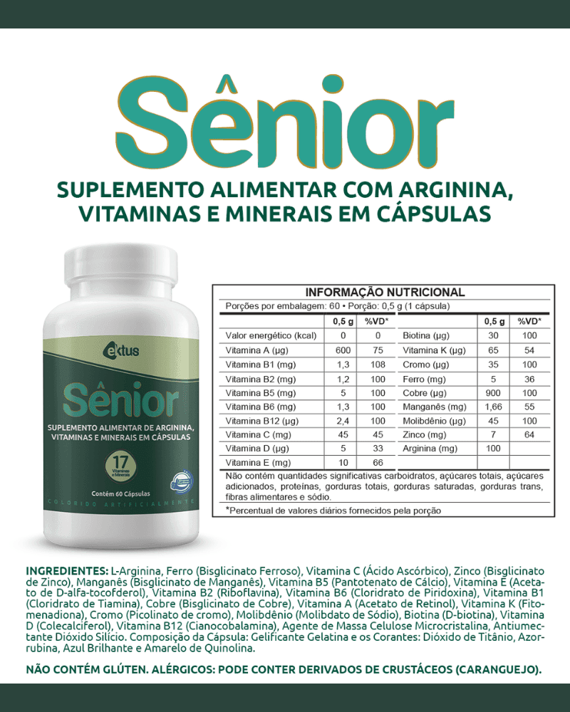 Sênior Ektus 60 Cápsulas – 17 Vitaminas, Minerais e Arginina