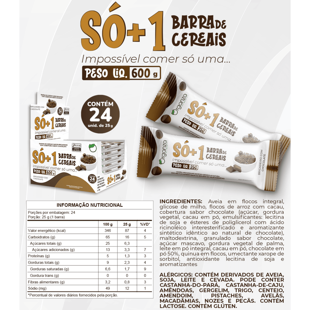 SÓ+1 Barrinha de Cereais Brigadeiro com Chocolate – Display 24 Unidades