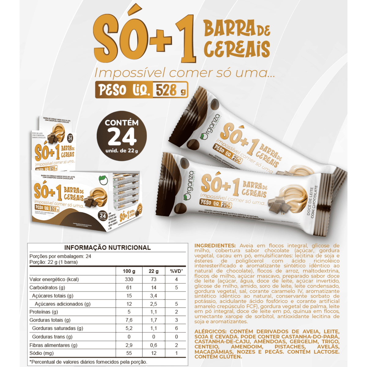 SÓ+1 Barrinha de Cereais Doce de Leite com Chocolate – Display 24 Unidades