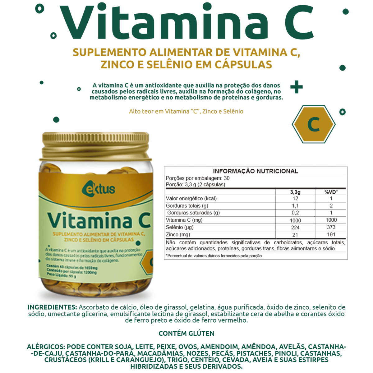 Vitamina C + Zinco + Selênio - 60 cápsulas