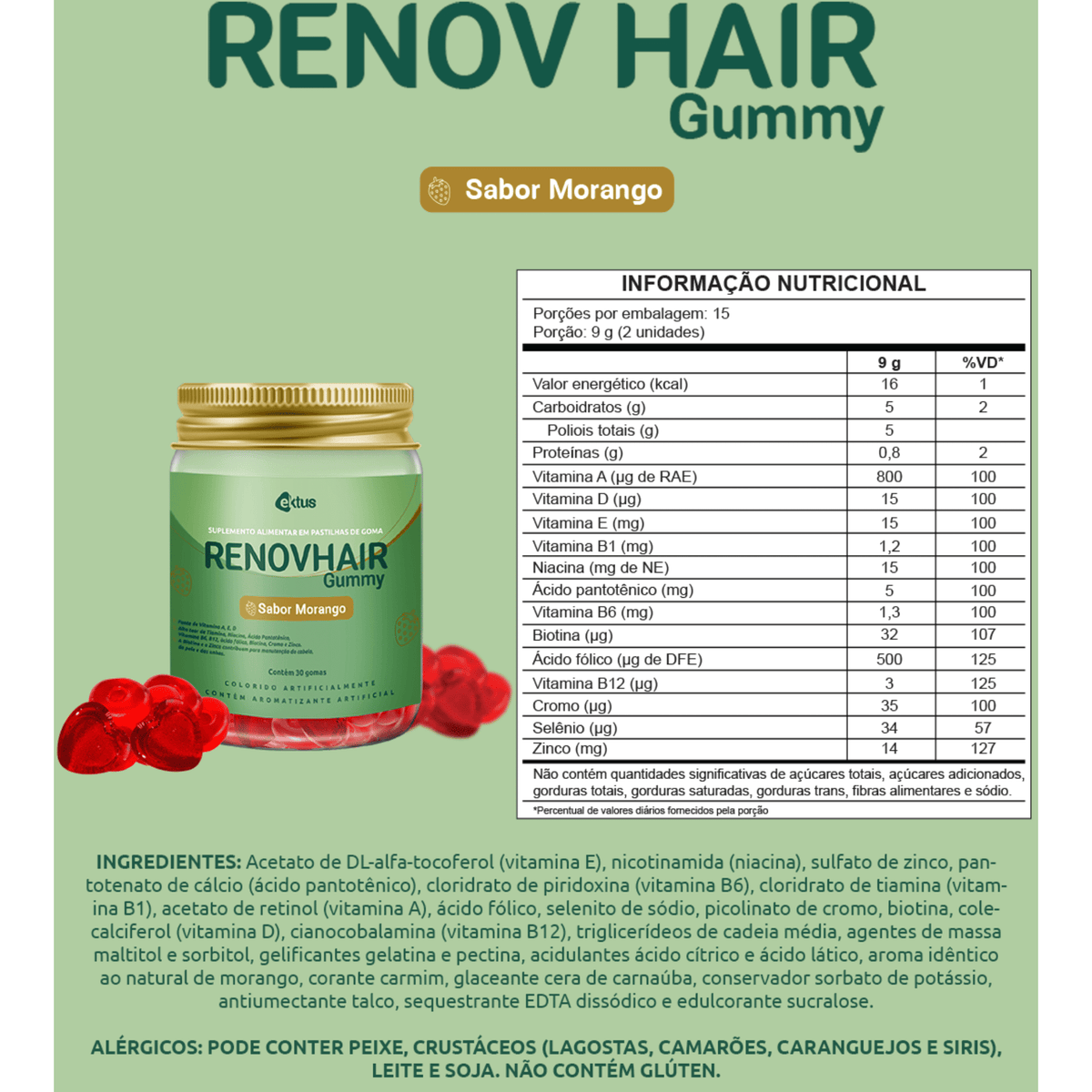 Renov Hair Gummy – Sabor Morango - 30 Gomas