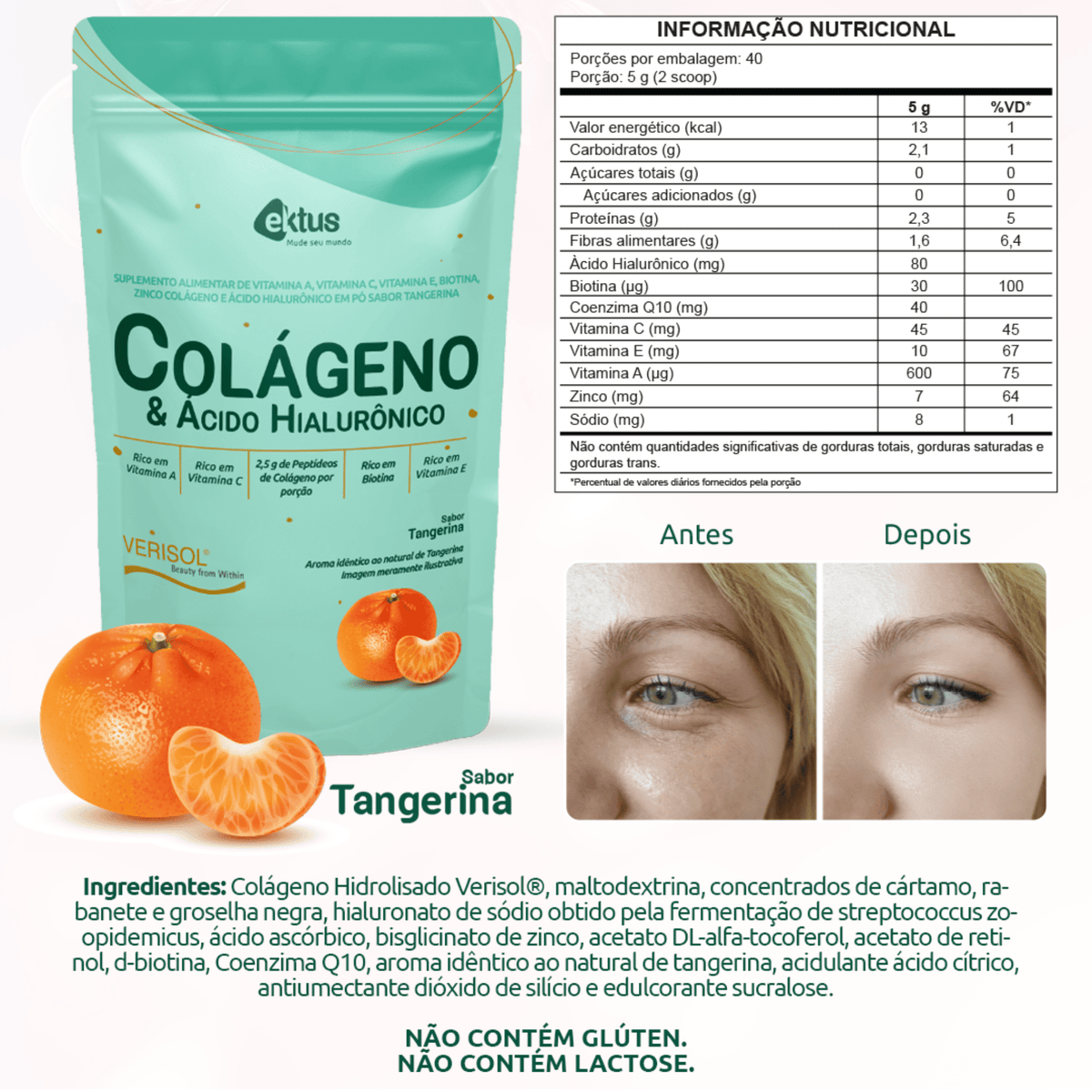 Colágeno Verisol + Ácido Hialurônico Ektus – Sabor Tangerina 200g