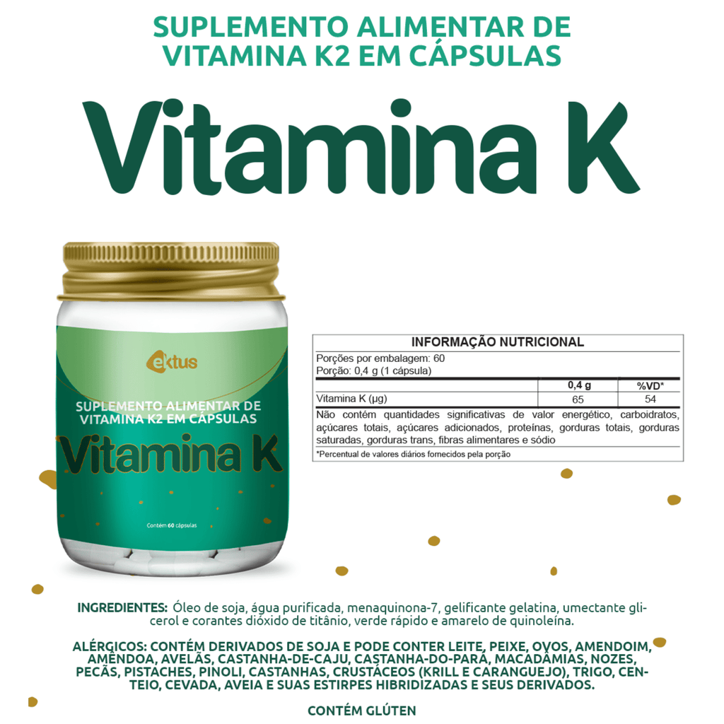 Vitamina K – Organza 60 Cápsulas para Fixação de Cálcio nos Ossos