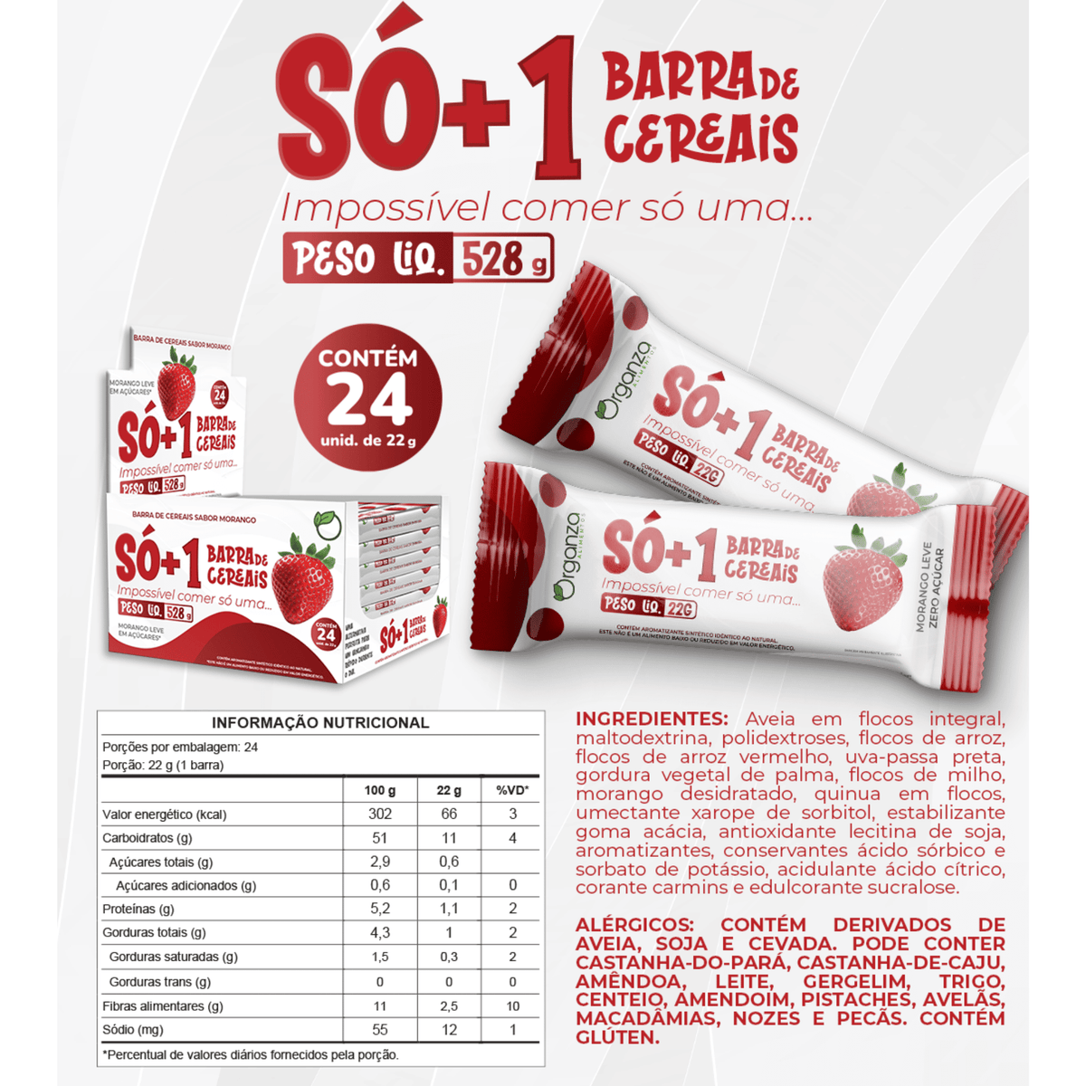 SÓ+1 Barrinha de Cereais Sabor Morango – Leve em Açúcares – Display 24 Unidades