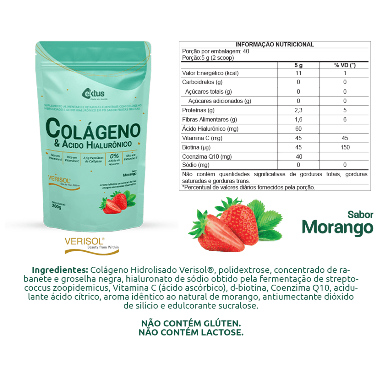 Colágeno Verisol + Ácido Hialurônico Ektus – 200g – Sabor Morango
