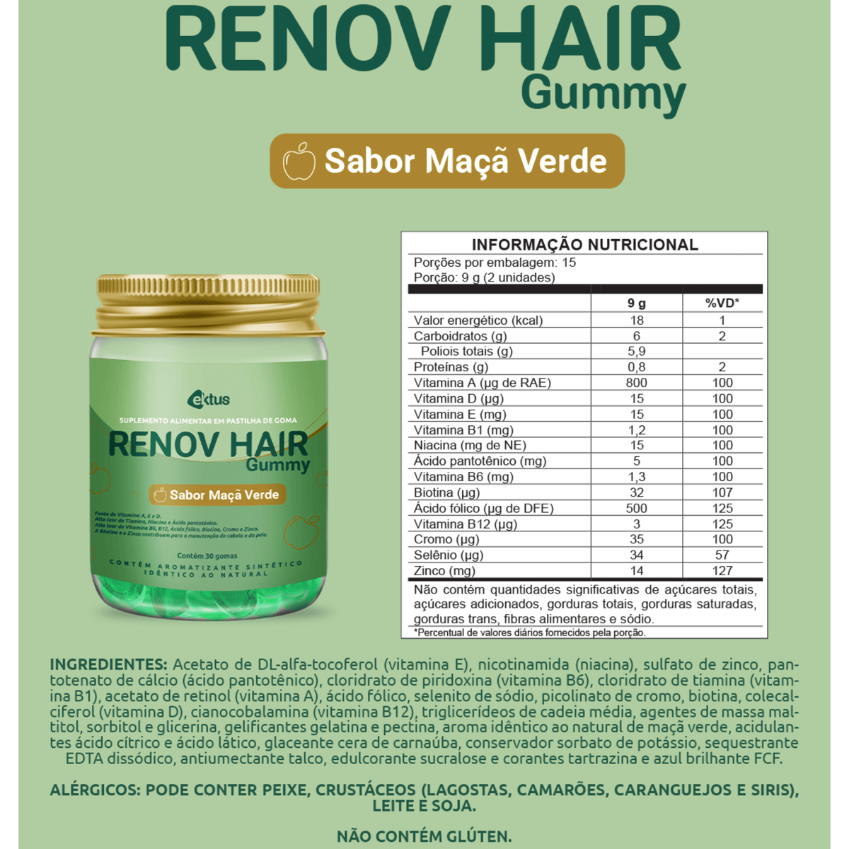 Renov Hair Gummy – Sabor Maçã Verde - 60 cápsulas