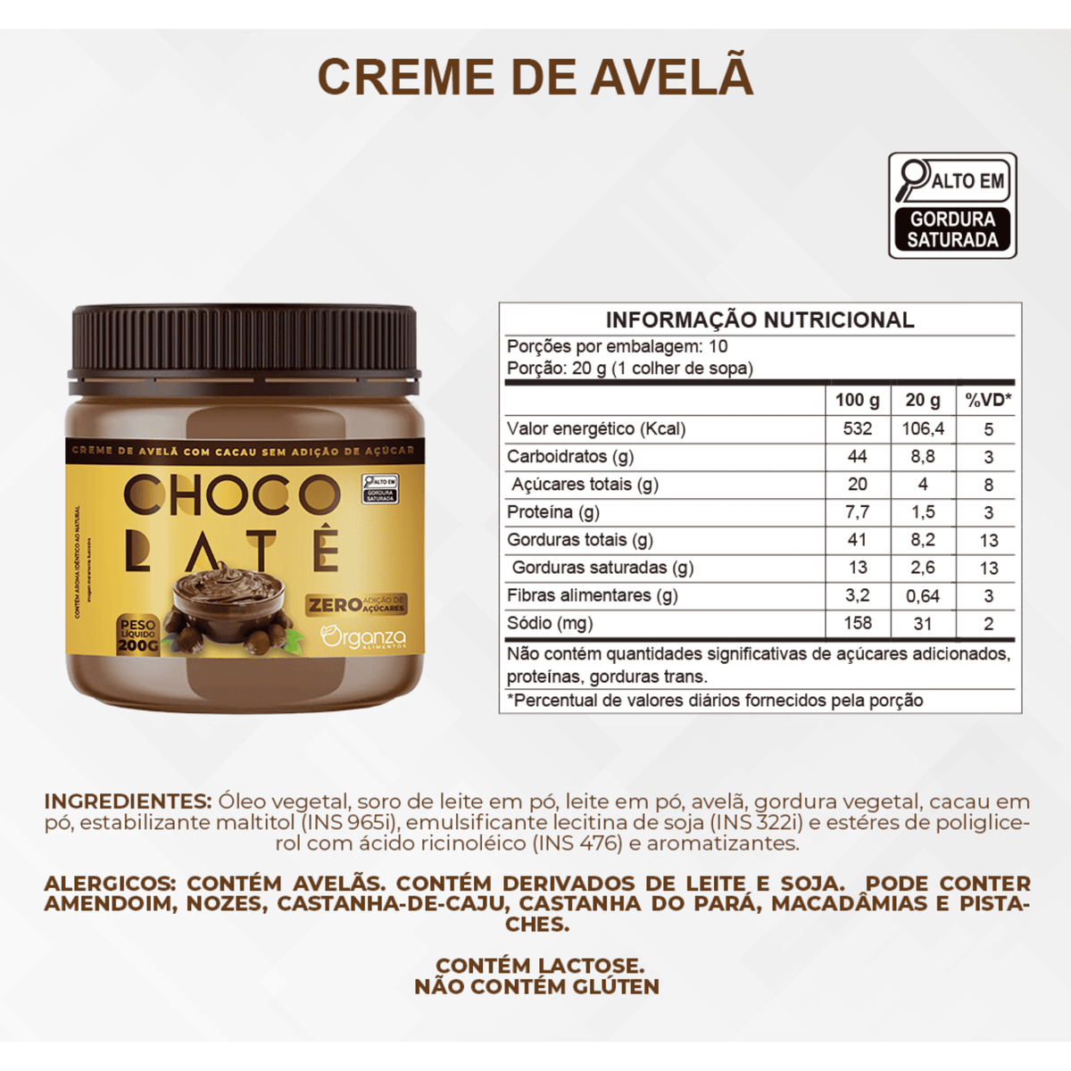 Creme de Avelã Chocolatê Zero Açúcar - 200gr