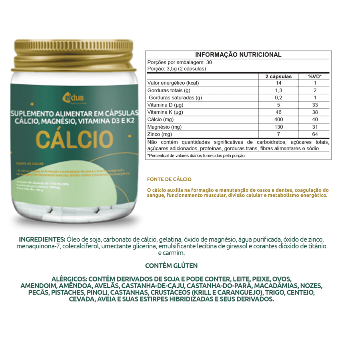 Cálcio Ektus – 60 cápsulas de 1750mg