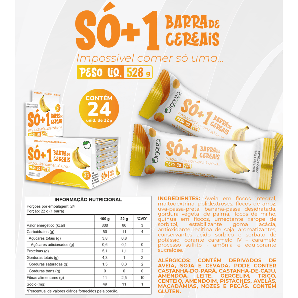 SÓ+1 Barrinha de Cereais Banana – Leve em Açúcares – Display 24 Unidades