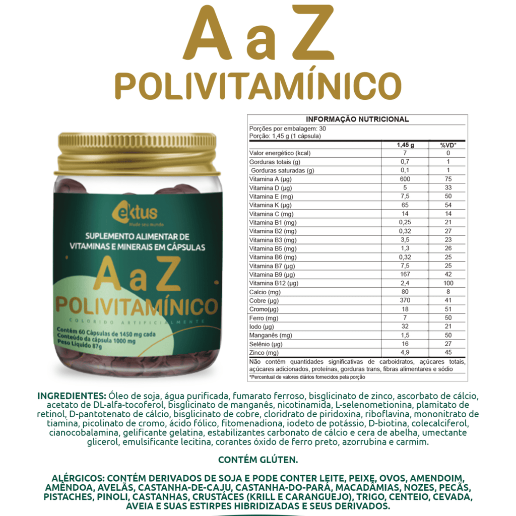 A a Z Polivitamínico Ektus 60 Cápsulas – Complexo Multivitamínico Diário
