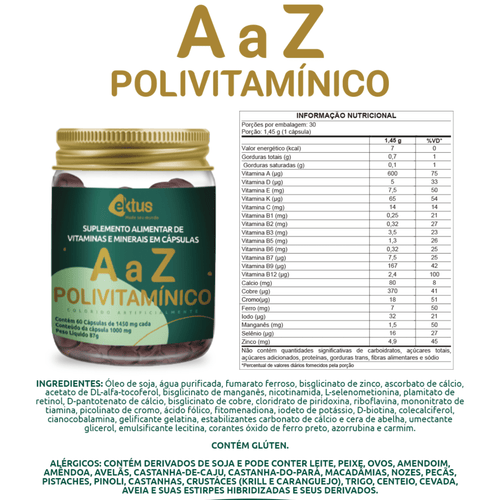 A a Z Polivitamínico Ektus 60 Cápsulas – Complexo Multivitamínico Diário