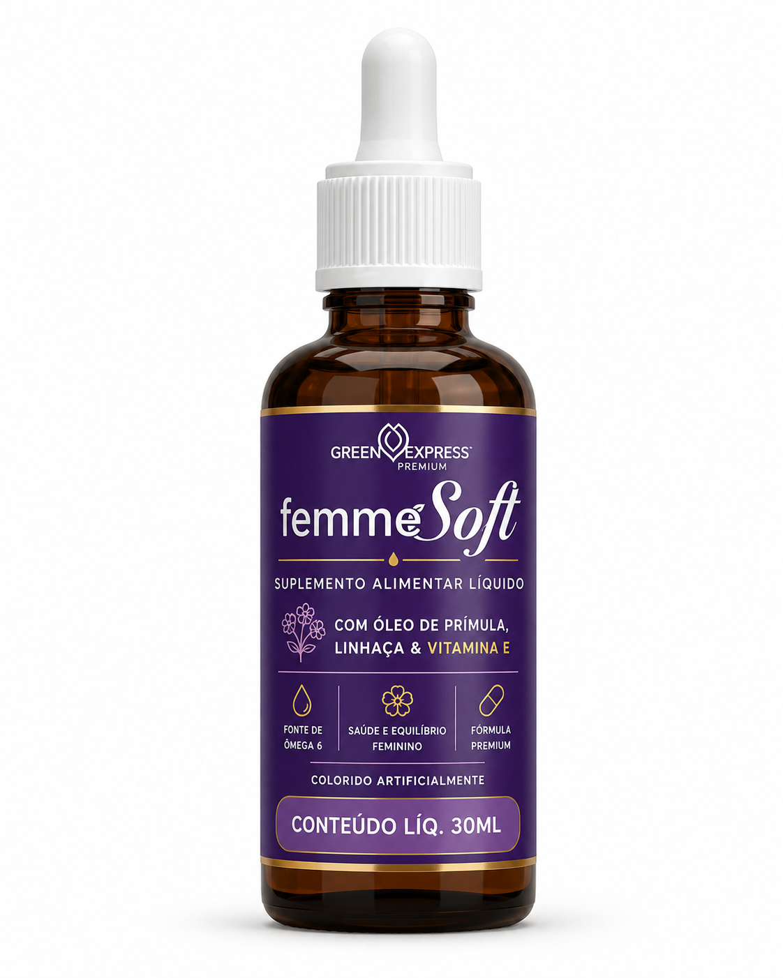Femme Soft Green Express 30ml – Suplemento Líquido com Óleo de Prímula, Linhaça e Vitamina E para Equilíbrio Hormonal