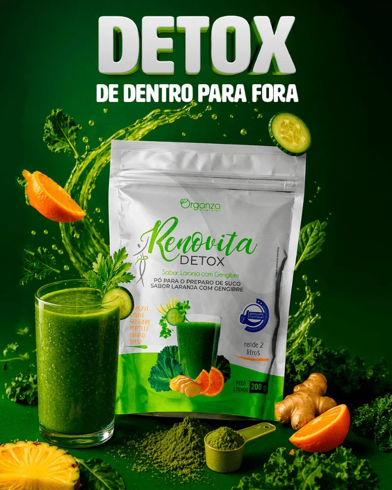 Renovita Detox em Pó 200g (Organza) – Sabor Laranja com Gengibre, Desincha e Seca Barriga