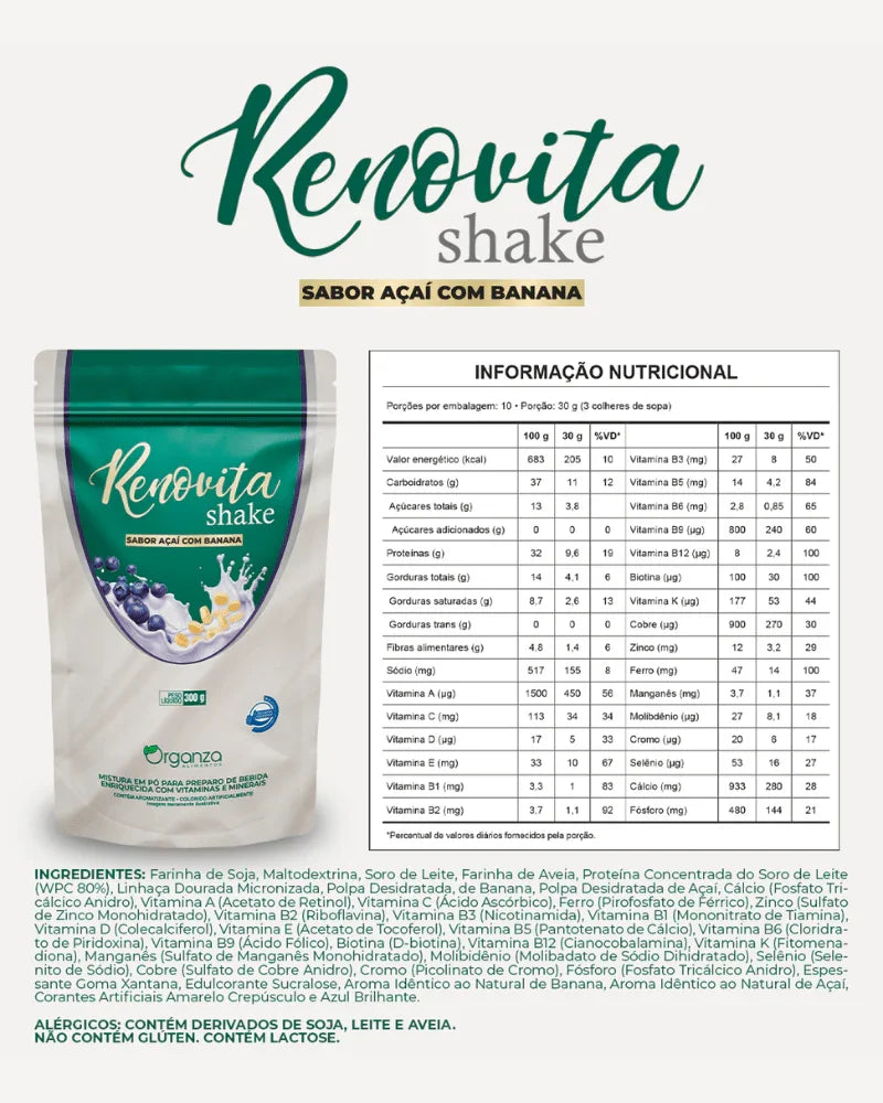 Renovita Shake Açaí com Banana 300g (Organza) – Energia, Emagrecimento e Sabor Zero Culpa (Vitadrop)