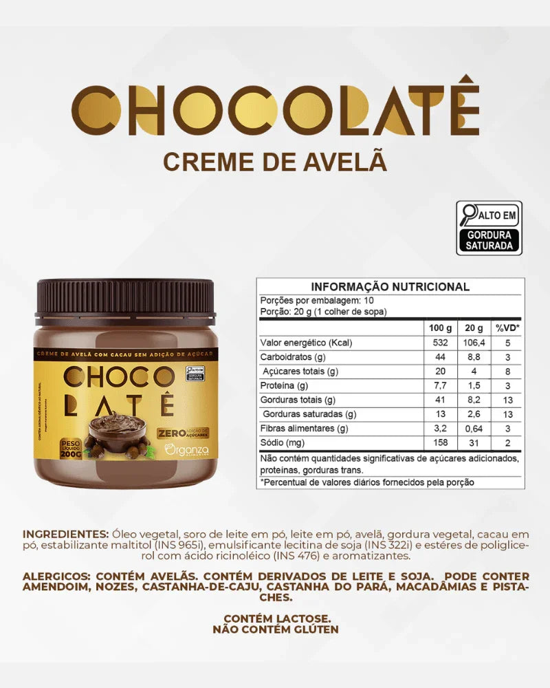 Creme de Avelã com Cacau ZERO Açúcar 200g (Organza) – Sobremesa Fit e Low Carb (Vitadrop)