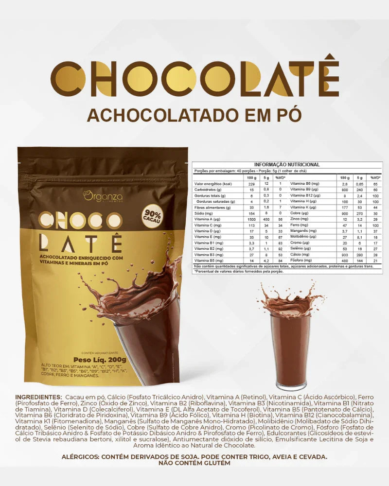 Achocolatado 90% Cacau Enriquecido com Vitaminas 200g (Organza) – Imunidade e Sabor Intenso (Vitadrop)