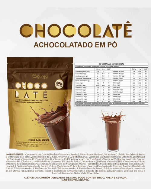 Achocolatado 90% Cacau Enriquecido com Vitaminas 200g (Organza) – Imunidade e Sabor Intenso (Vitadrop)