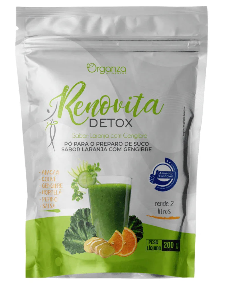 Renovita Detox em Pó 200g (Organza) – Sabor Laranja com Gengibre, Desincha e Seca Barriga