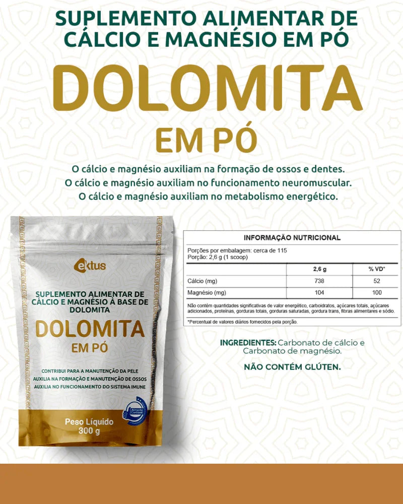 Suplemento de Dolomita em Pó 300g (Ektus) – Ossos Fortes, Imunidade e Máscara de Porcelana