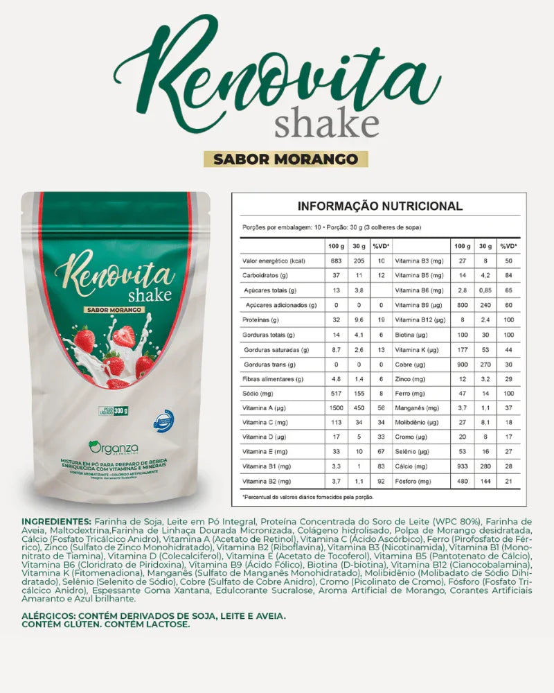 Renovita Shake Morango 300g (Organza) – Emagrecimento, Vitaminas e Sabor de Milkshake (Vitadrop)