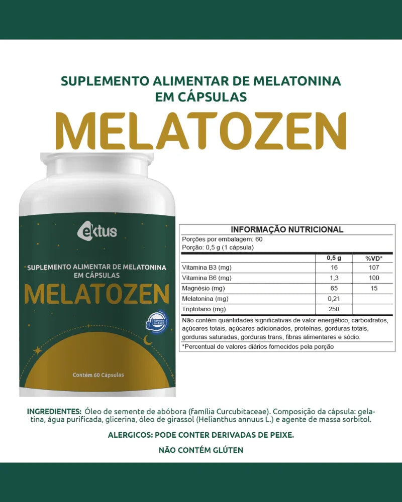 Melatozen 60 Cápsulas (Ektus) – Melatonina, Triptofano e Vitaminas para um Sono Profundo e Reparador (Ektus)