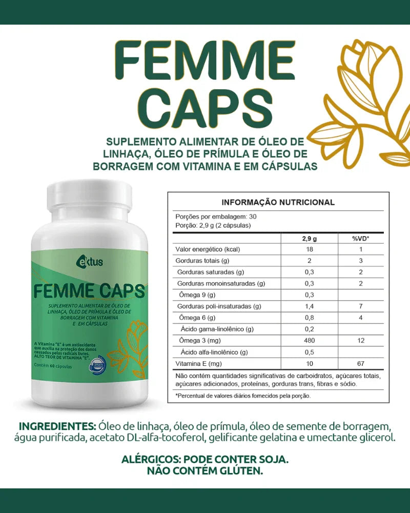 Femme Caps Ektus 60 Cápsulas – Blend de Linhaça, Prímula e Borragem para o Bem-Estar Feminino (Ektus)