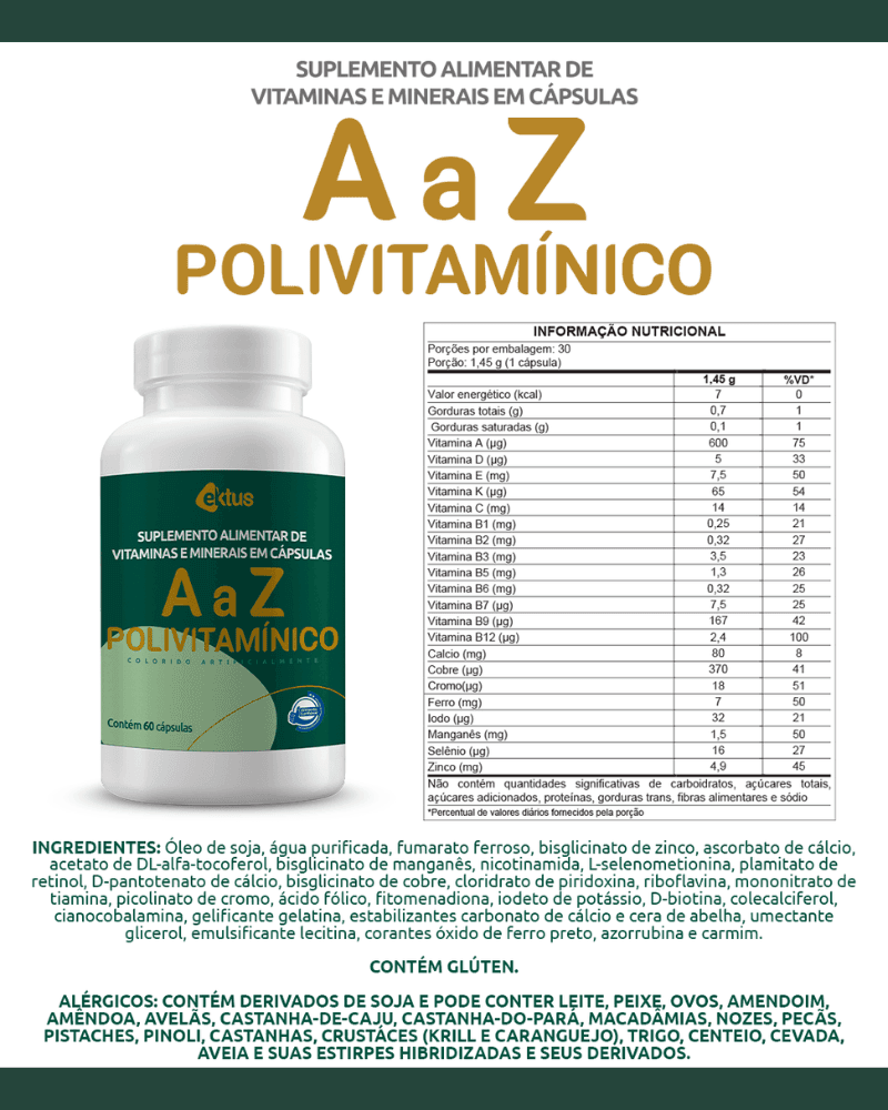Polivitamínico A a Z Ektus 60 Cápsulas – Vitaminas e Minerais