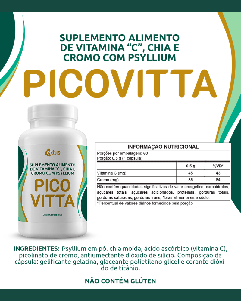 Picovitta Ektus 60 Cápsulas – Psyllium, Chia, Cromo e Vitamina C para Saciedade e Metabolismo (Ektus)