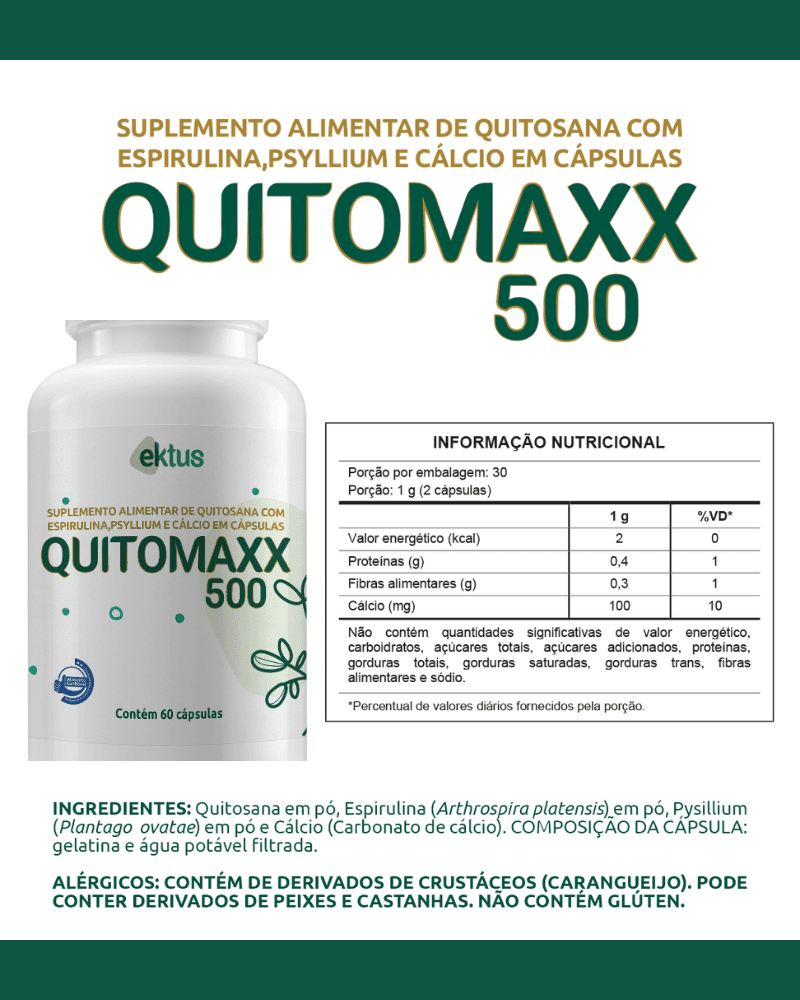 Quitomaxx 500 Ektus 60 Cápsulas – Quitosana, Espirulina, Psyllium e Cálcio