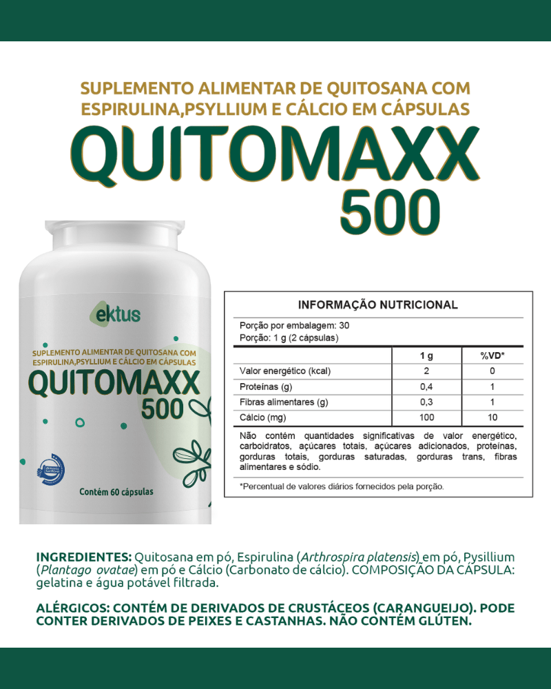 Quitomaxx 500 Ektus 60 Cápsulas – Quitosana, Espirulina, Psyllium e Cálcio (Ektus)