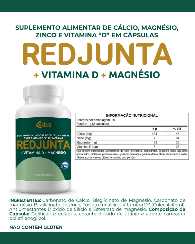 Redjunta Ektus 60 Cápsulas – Cálcio, Magnésio, Zinco e Vitamina D para Ossos e Músculos (Ektus)
