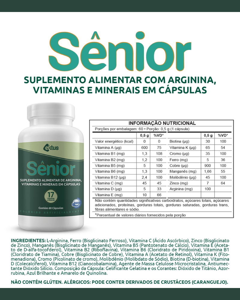 Sênior Ektus 60 Cápsulas – 17 Vitaminas, Minerais e Arginina para Vitalidade e Energia (Ektus)
