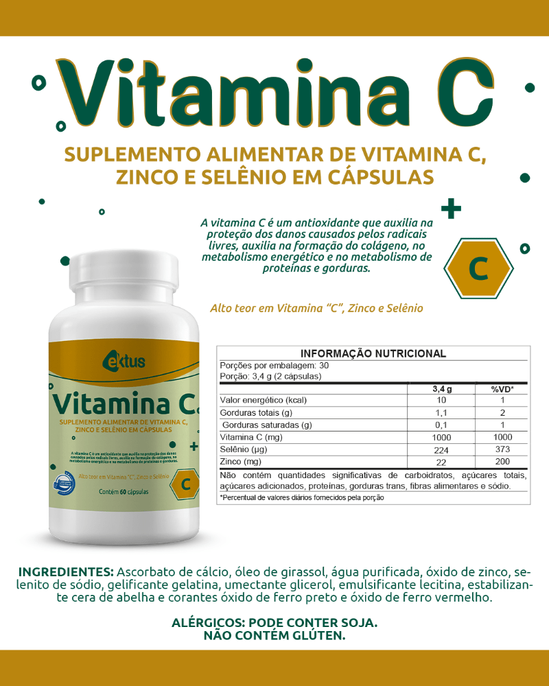 Vitamina C 1000mg + Zinco e Selênio Ektus – Imunidade, Colágeno e Proteção Antioxidante (Ektus)