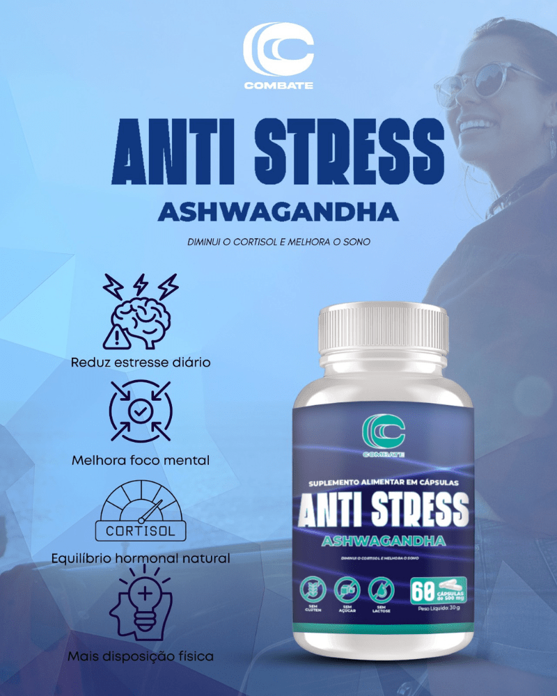 Anti Stress Ashwagandha Combate (60 Cápsulas) – O Adaptógeno Natural para Redução de Cortisol, Foco e Sono Reparador