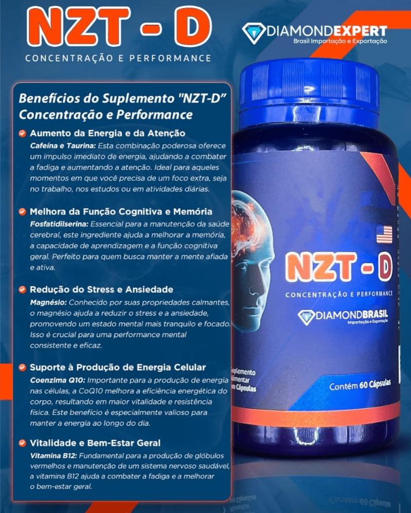 NZT-D Diamond Expert 60 Cápsulas – Nootrópico de Alta Performance para Foco, Memória e Energia Mental